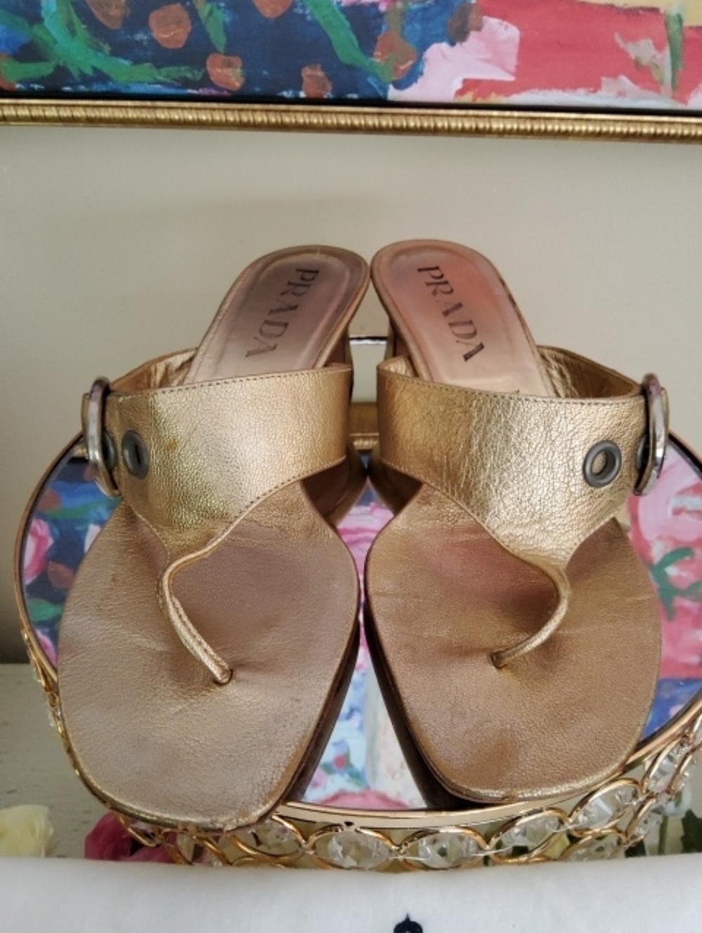 Prada Gold Metallic Leather Thong Sandals